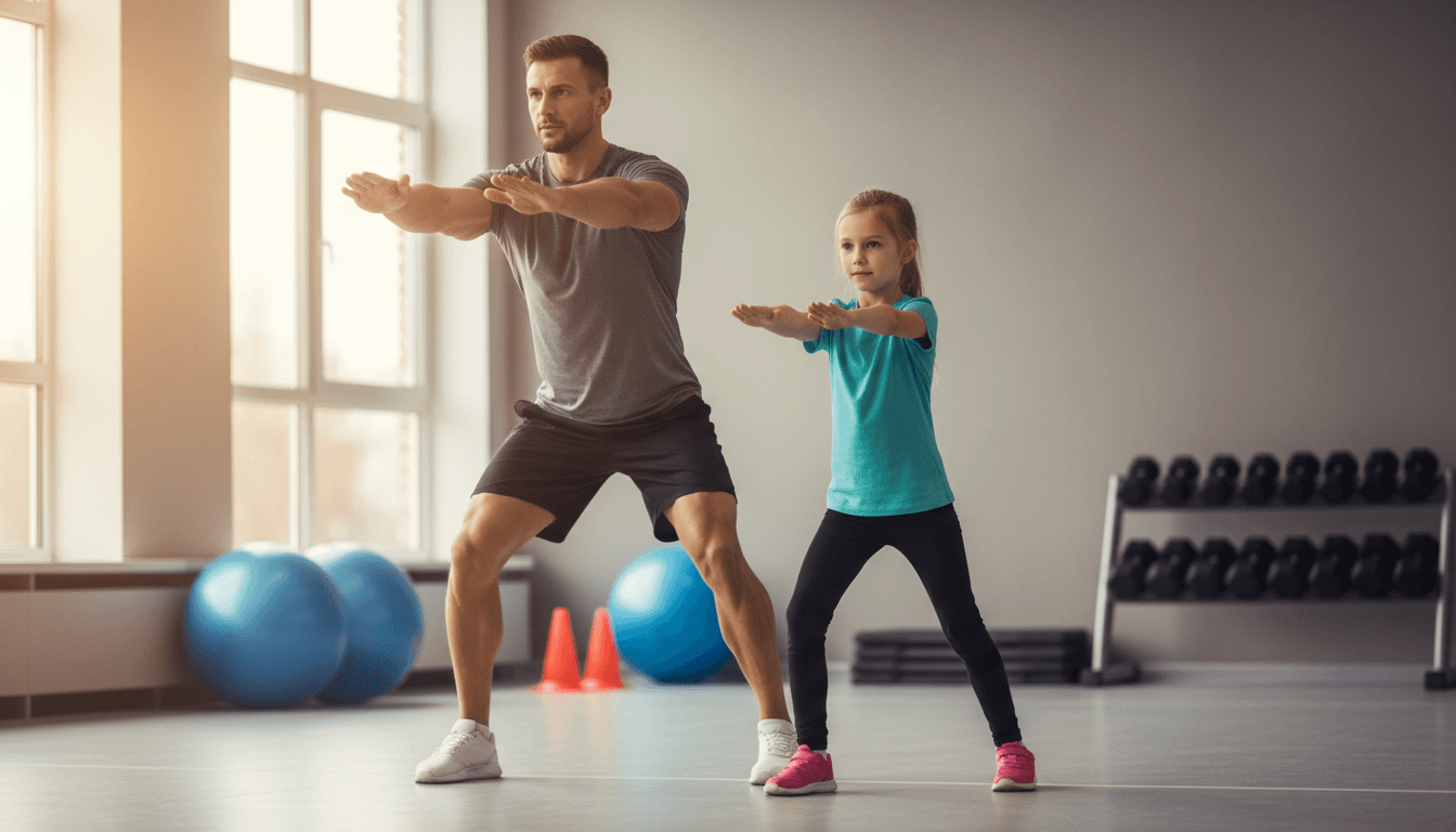 Coach demonstrating proper athletic stance with young athlete in gymnasium
