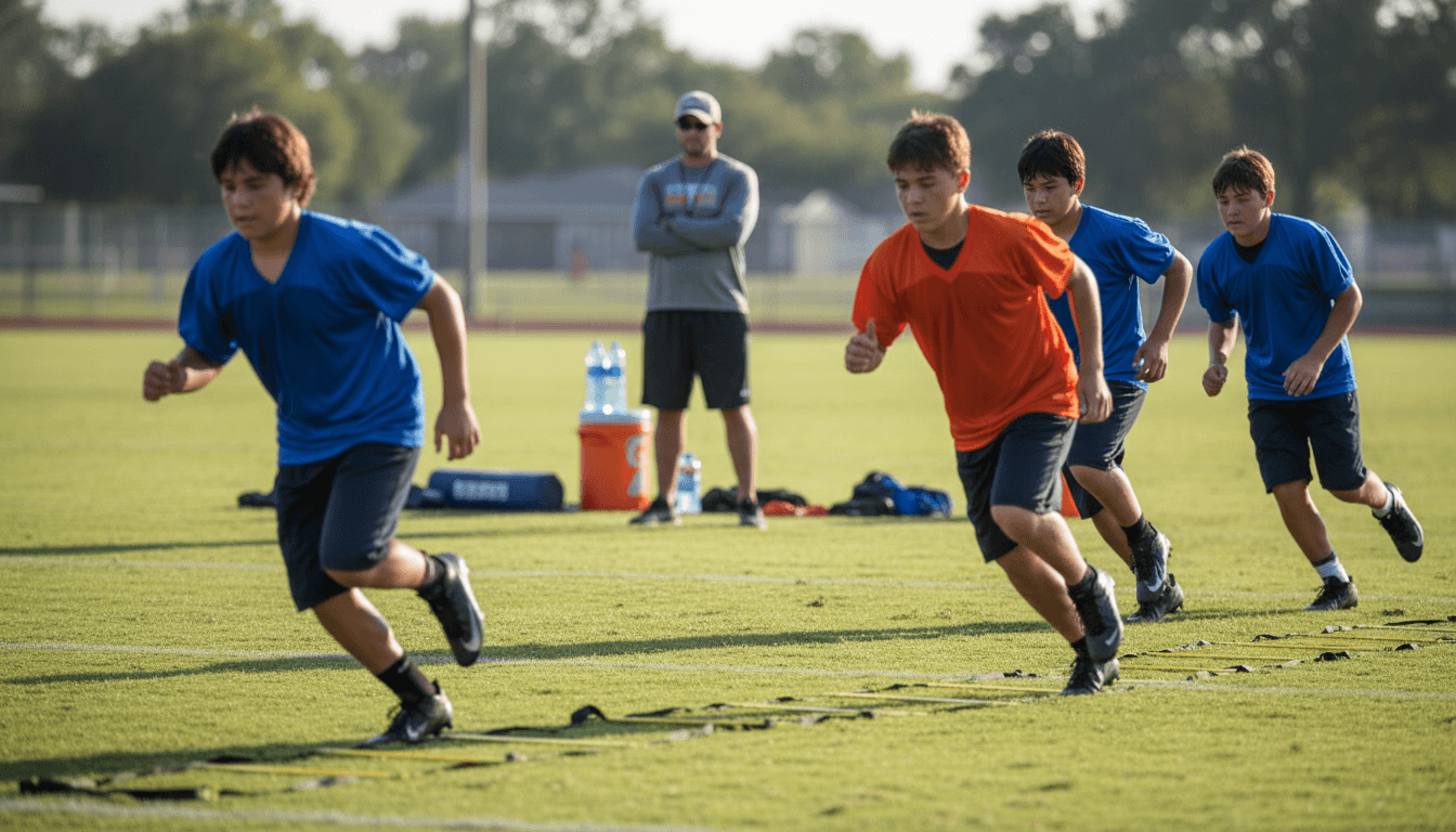 Young football players performing agility drills on training field