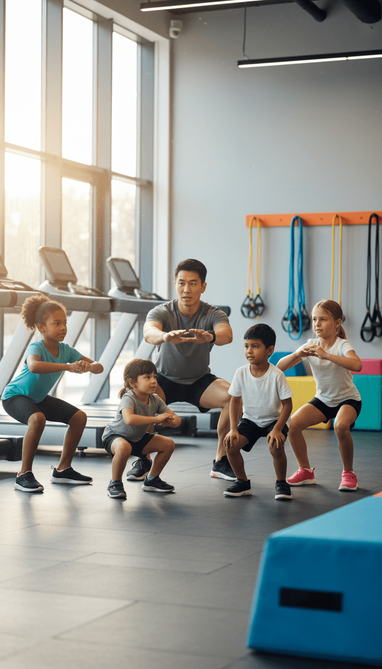 Coach demonstrating proper athletic form to diverse group of young athletes in modern training facility