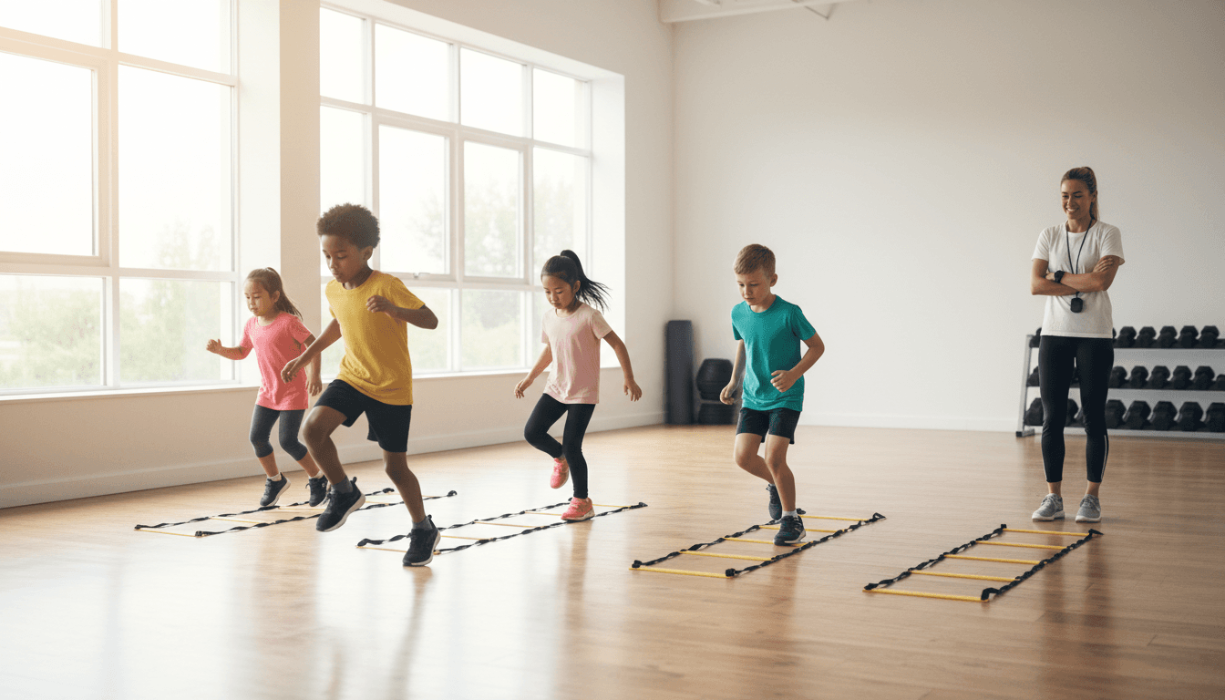 Group of young athletes performing agility ladder drills with coach observing