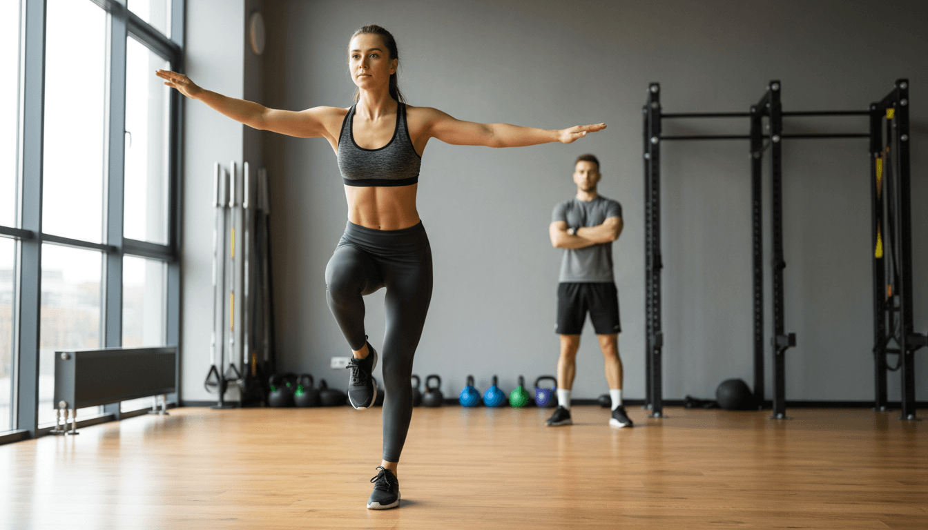Young athlete performing single-leg balance exercise with coach observing